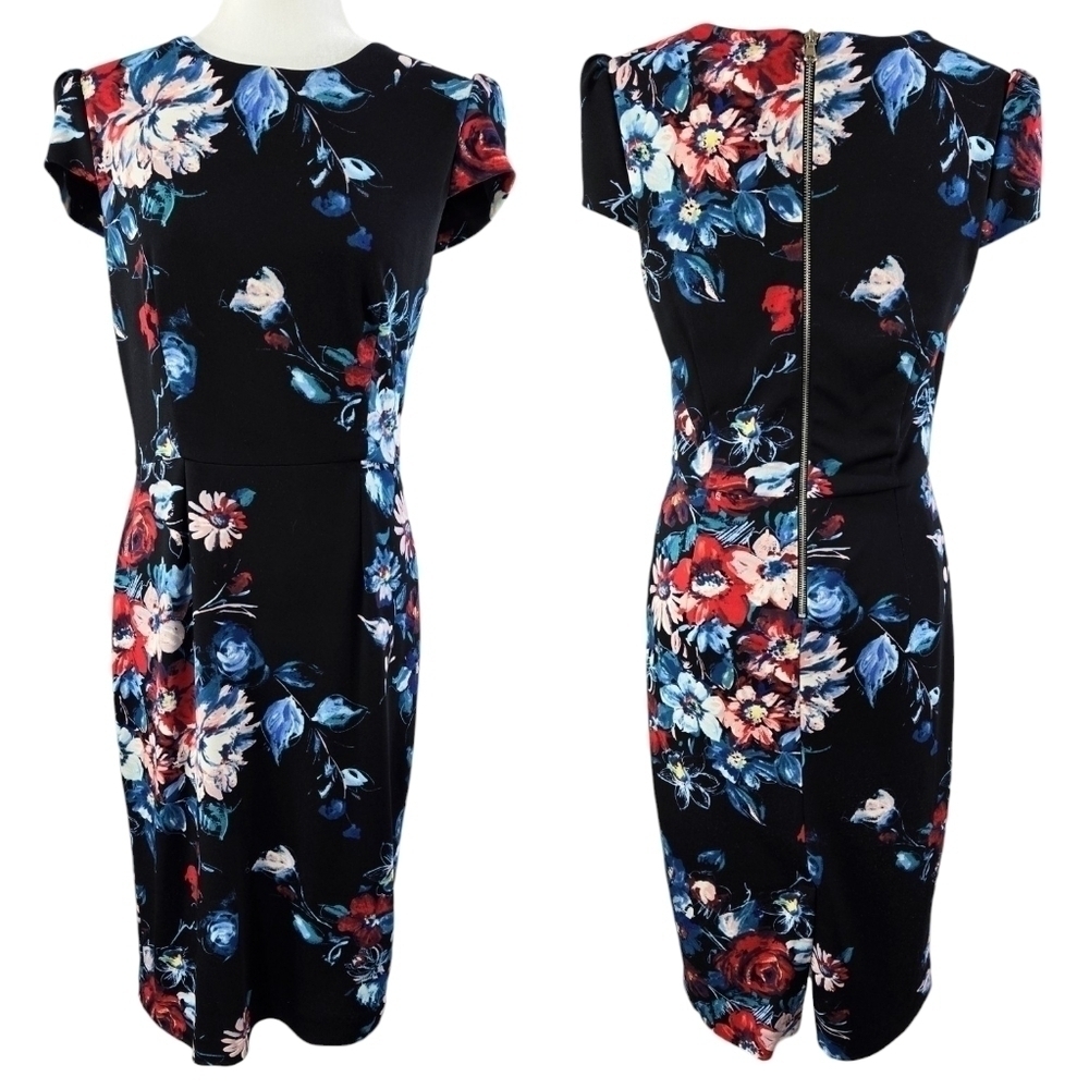 Betsey Johnson Black Floral Short Cap Sleeve Fitted Sheath Dress Romantic